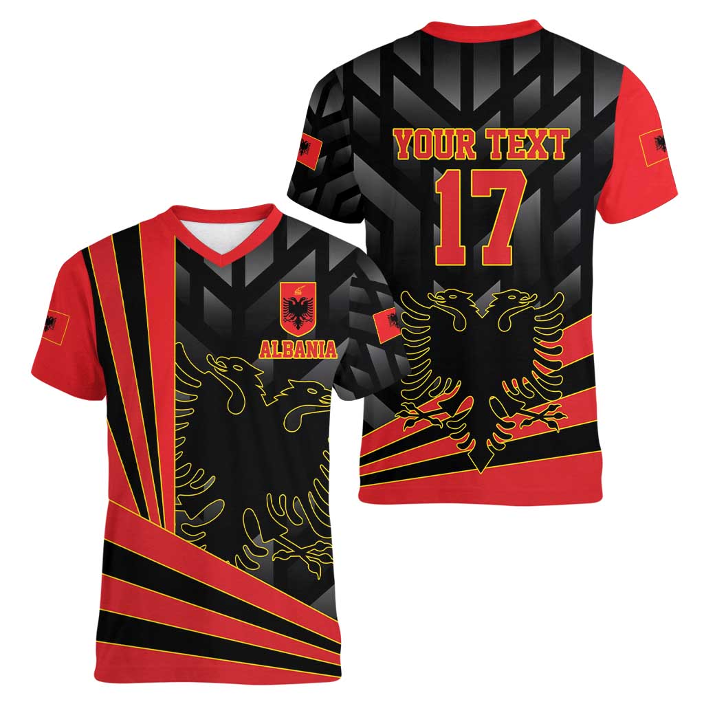 Custom Albania Football We are Champions Women V-Neck T-Shirt Sporty Style with The Double-headed eagle