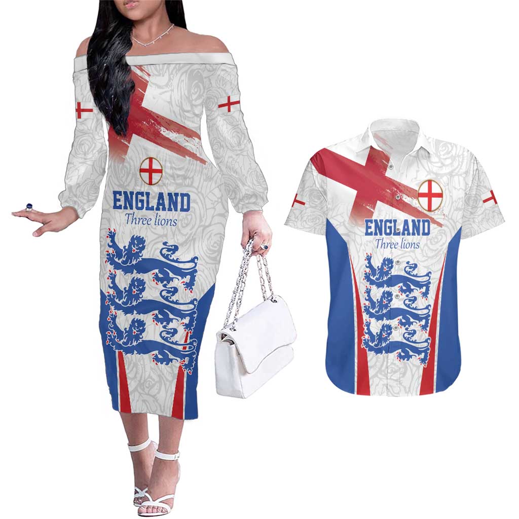 Custom England Football We are Champions Couples Matching Off The Shoulder Long Sleeve Dress and Hawaiian Shirt Sporty Style The Three Lions