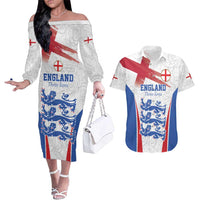 Custom England Football We are Champions Couples Matching Off The Shoulder Long Sleeve Dress and Hawaiian Shirt Sporty Style The Three Lions
