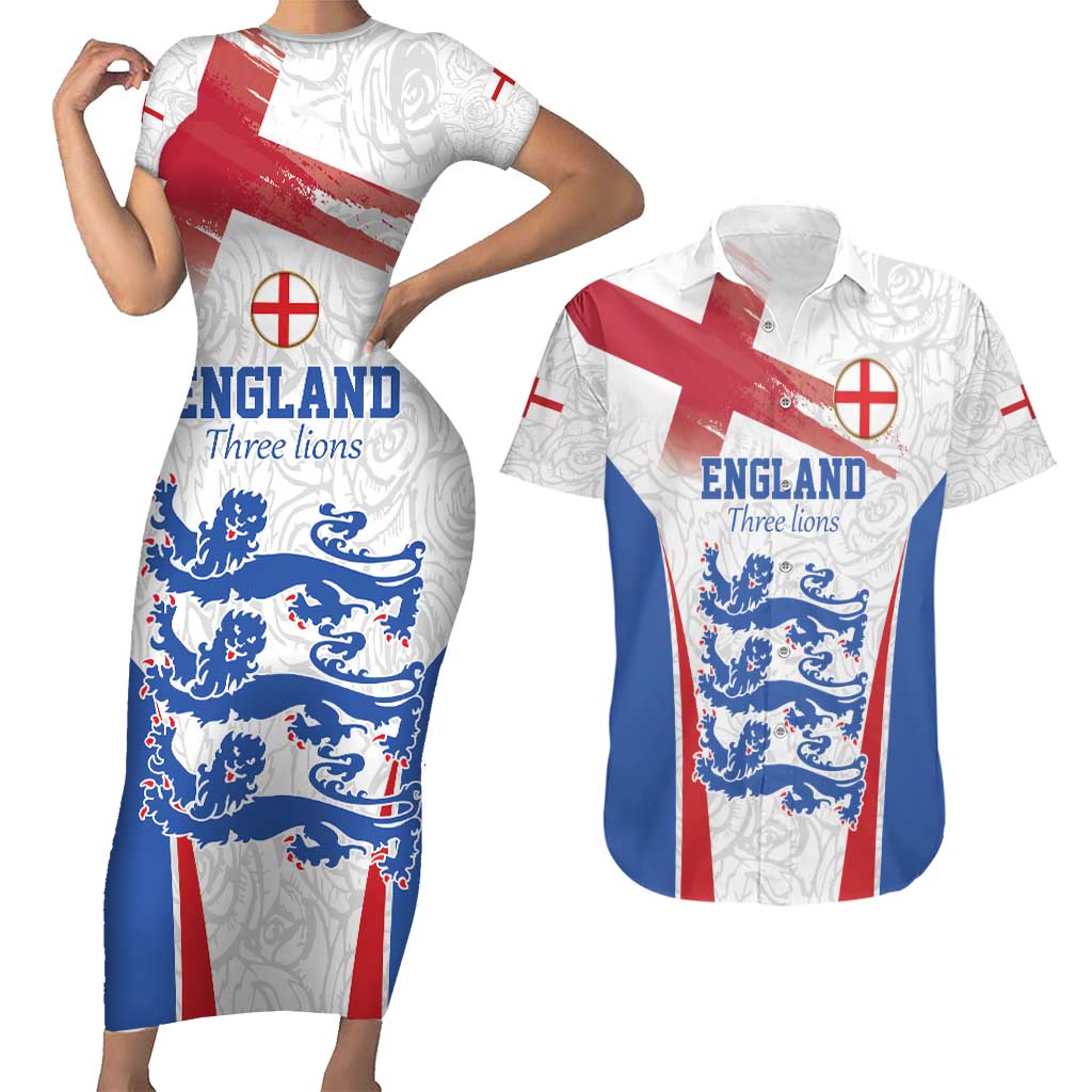 Custom England Football We are Champions Couples Matching Short Sleeve Bodycon Dress and Hawaiian Shirt Sporty Style The Three Lions