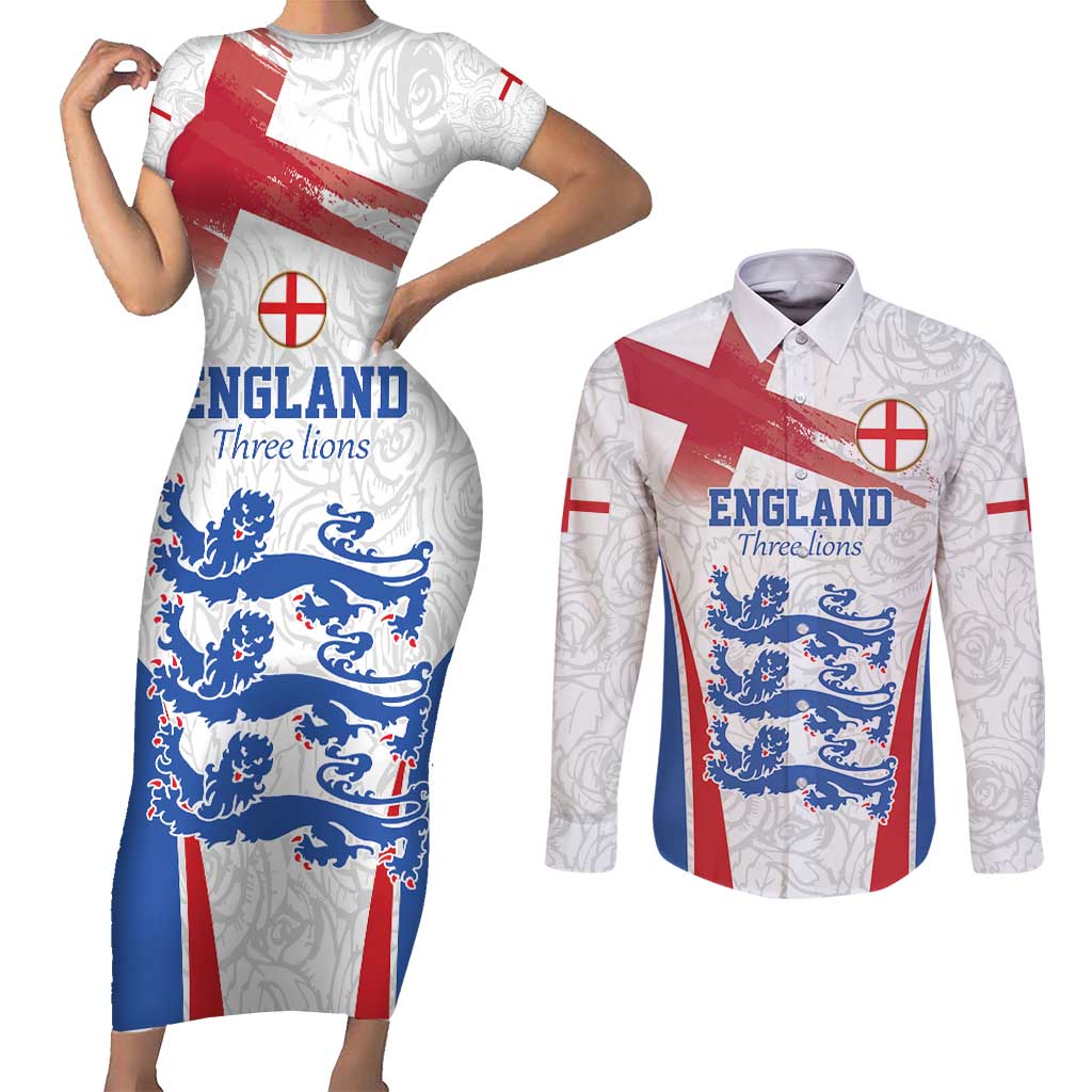 Custom England Football We are Champions Couples Matching Short Sleeve Bodycon Dress and Long Sleeve Button Shirt Sporty Style The Three Lions
