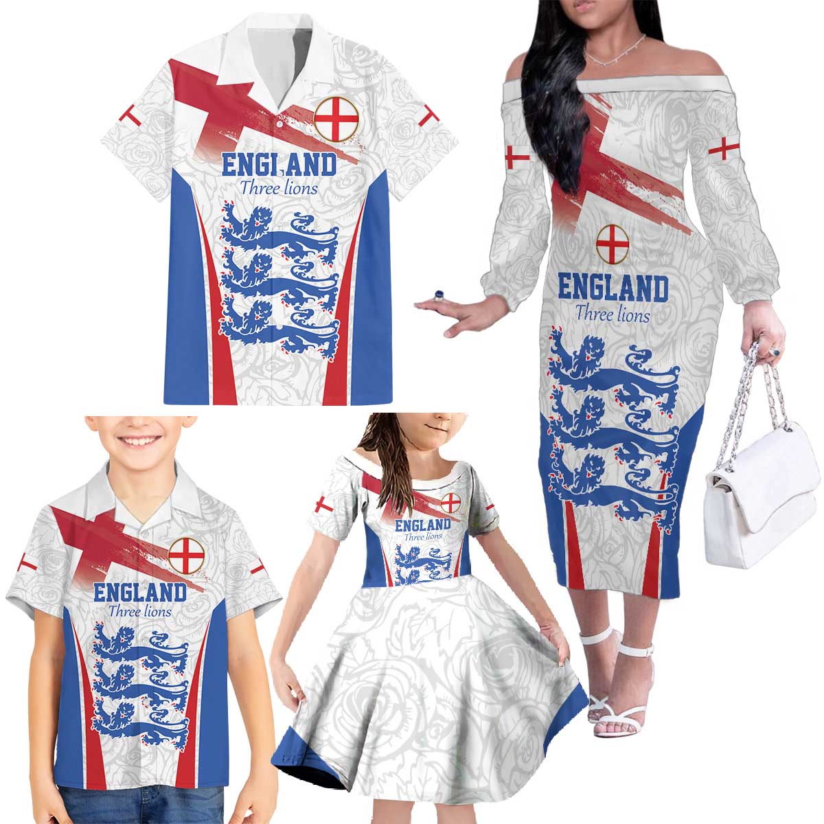 Custom England Football We are Champions Family Matching Off The Shoulder Long Sleeve Dress and Hawaiian Shirt Sporty Style The Three Lions