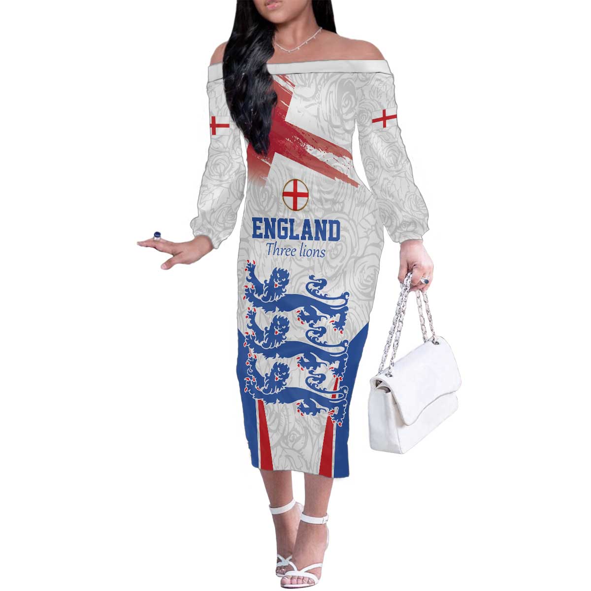 Custom England Football We are Champions Family Matching Off The Shoulder Long Sleeve Dress and Hawaiian Shirt Sporty Style The Three Lions