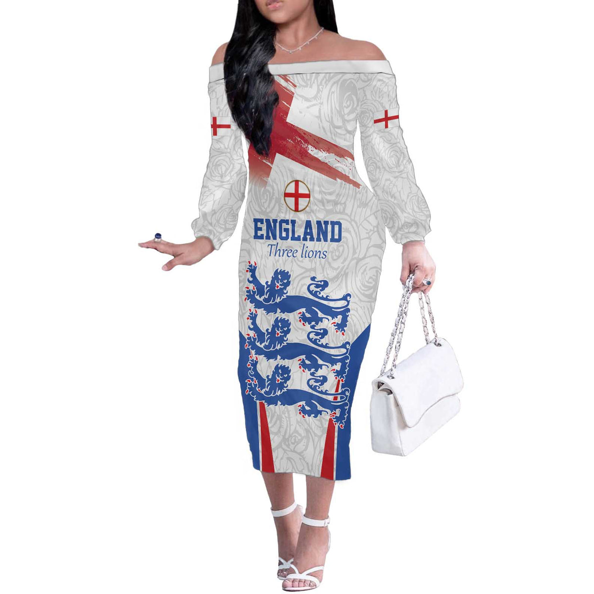 Custom England Football We are Champions Off The Shoulder Long Sleeve Dress Sporty Style The Three Lions