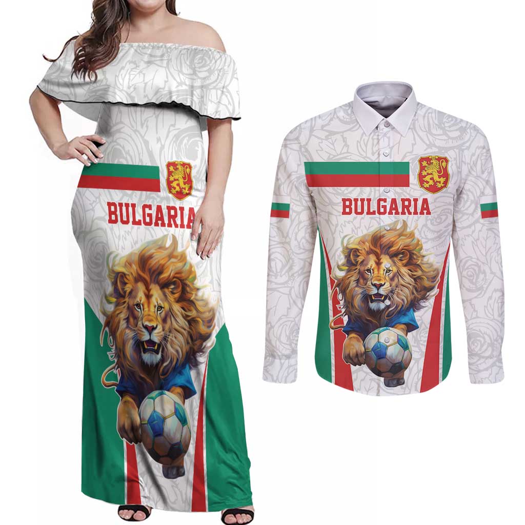 Custom Bulgaria Football We are Champions Couples Matching Off Shoulder Maxi Dress and Long Sleeve Button Shirt Sporty Style with Lion Mascot