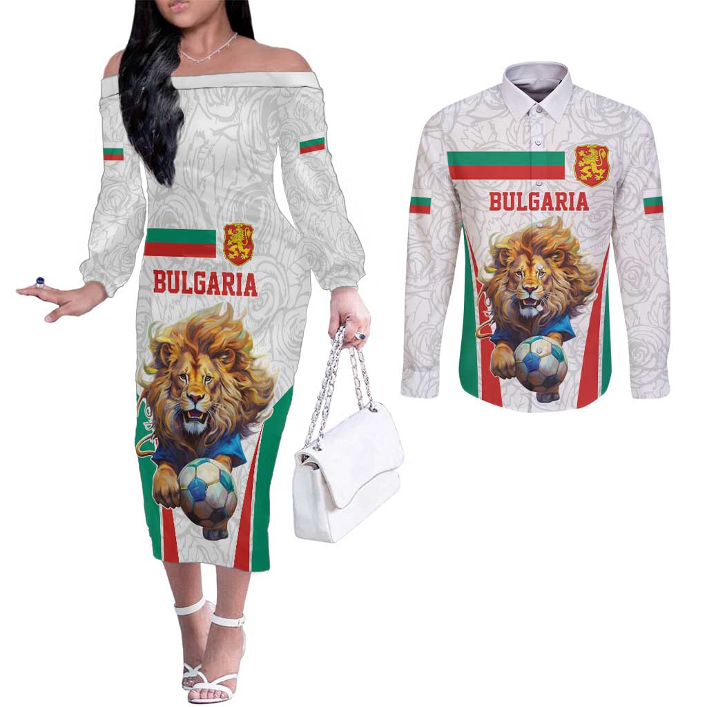 Custom Bulgaria Football We are Champions Couples Matching Off The Shoulder Long Sleeve Dress and Long Sleeve Button Shirt Sporty Style with Lion Mascot