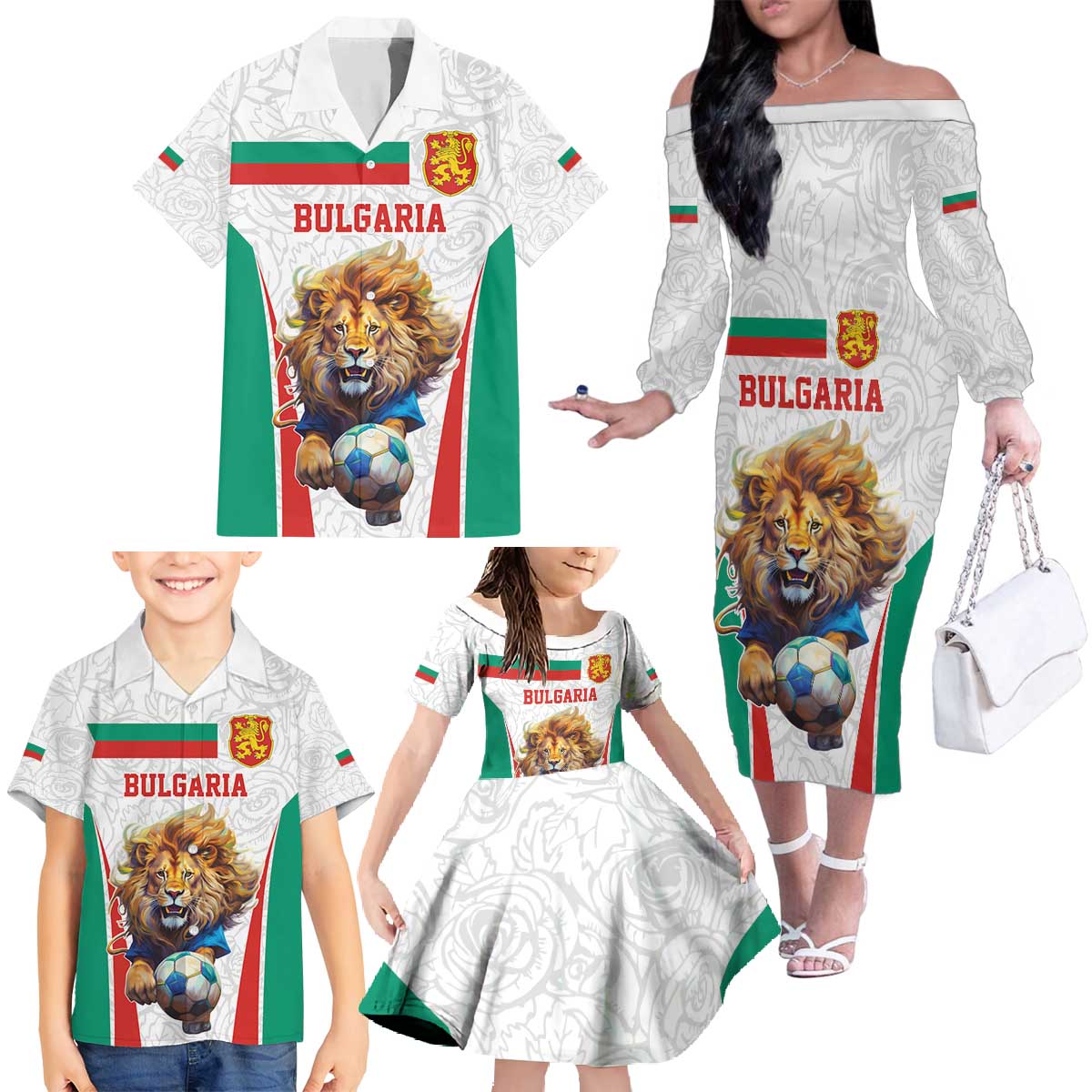 Custom Bulgaria Football We are Champions Family Matching Off The Shoulder Long Sleeve Dress and Hawaiian Shirt Sporty Style with Lion Mascot