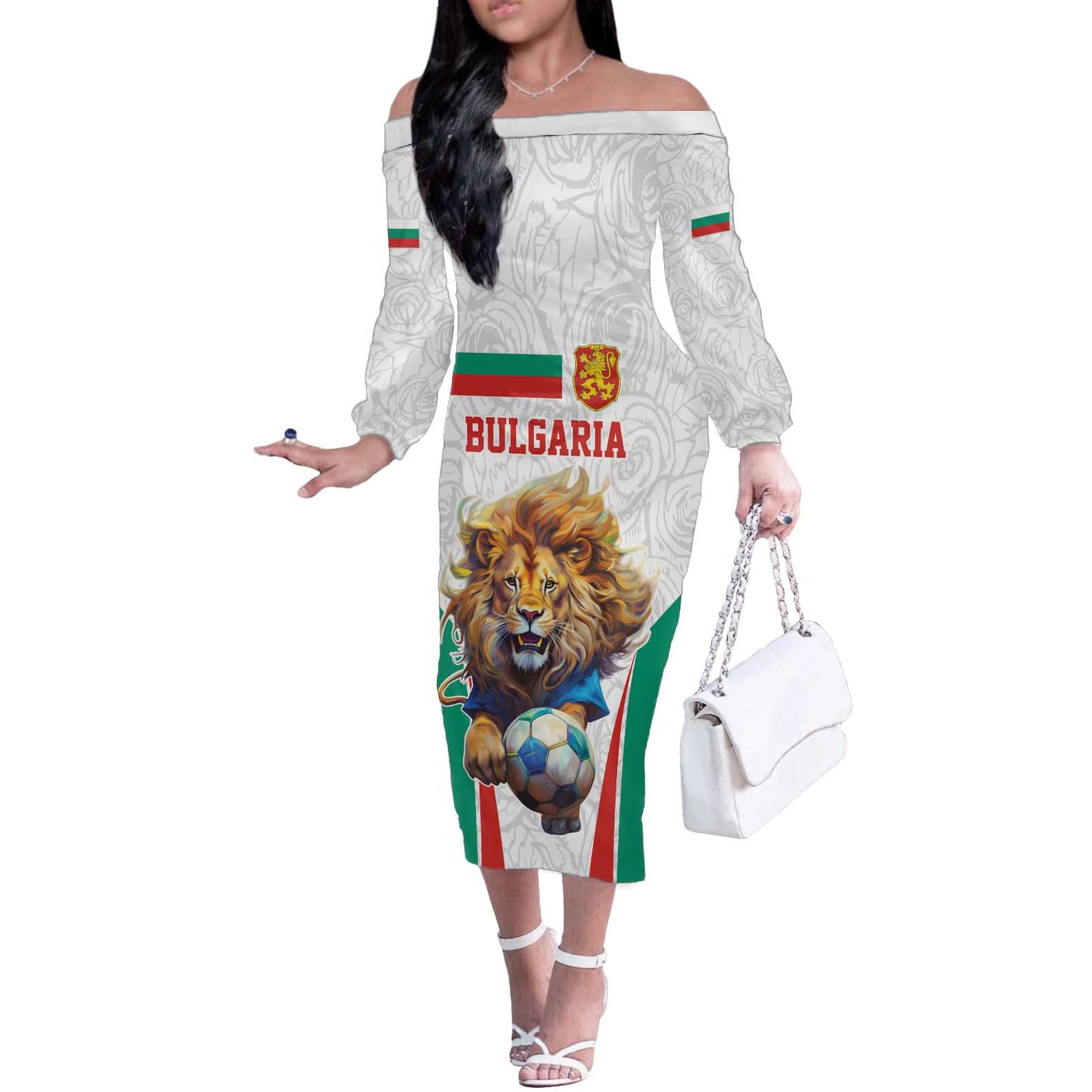 Custom Bulgaria Football We are Champions Off The Shoulder Long Sleeve Dress Sporty Style with Lion Mascot