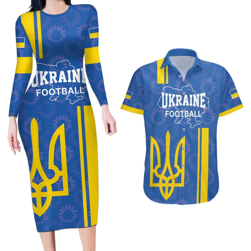 Custom Ukraine Football Couples Matching Long Sleeve Bodycon Dress and Hawaiian Shirt Blue Style