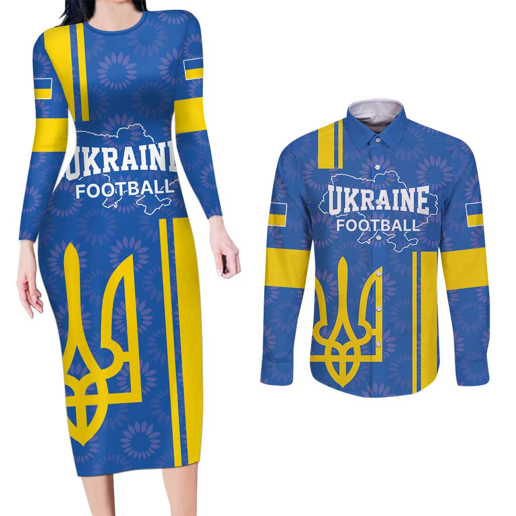 Custom Ukraine Football Couples Matching Long Sleeve Bodycon Dress and Long Sleeve Button Shirt Blue Style