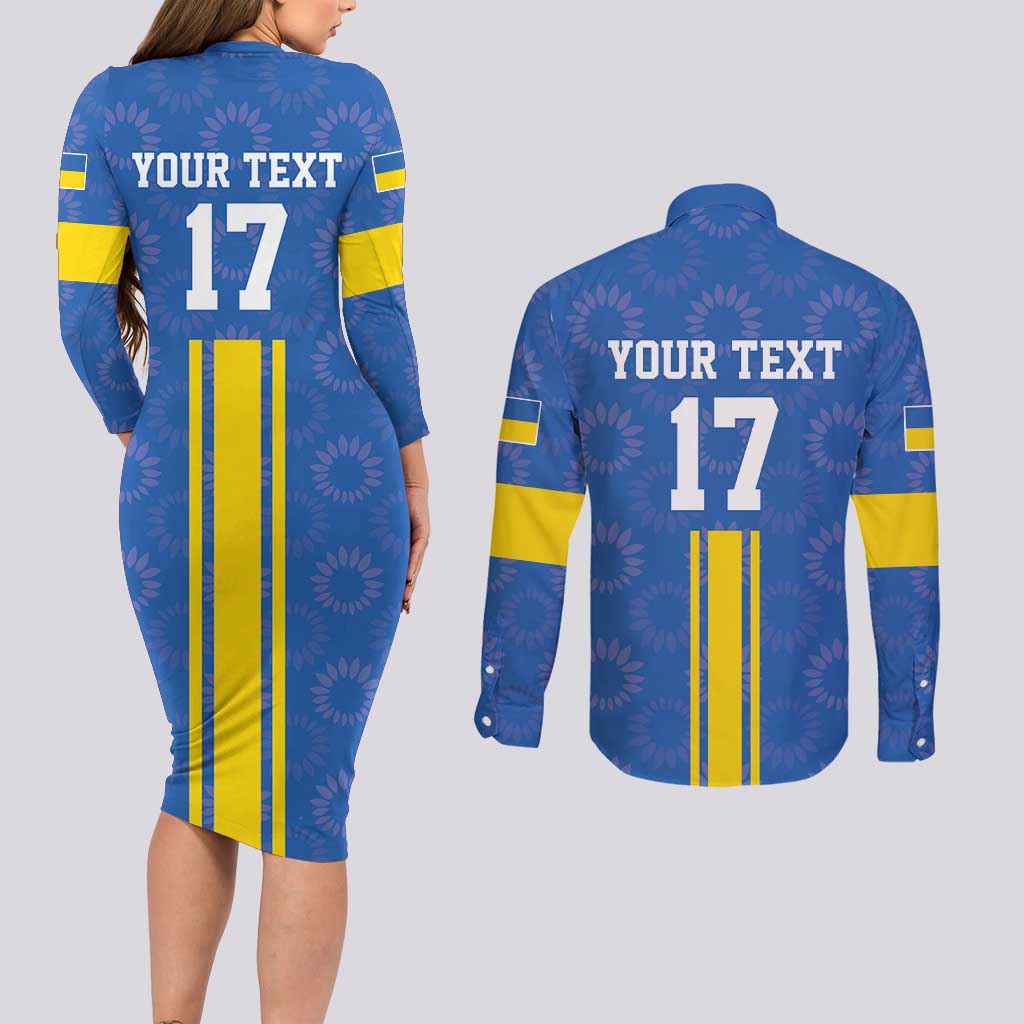 Custom Ukraine Football Couples Matching Long Sleeve Bodycon Dress and Long Sleeve Button Shirt Blue Style