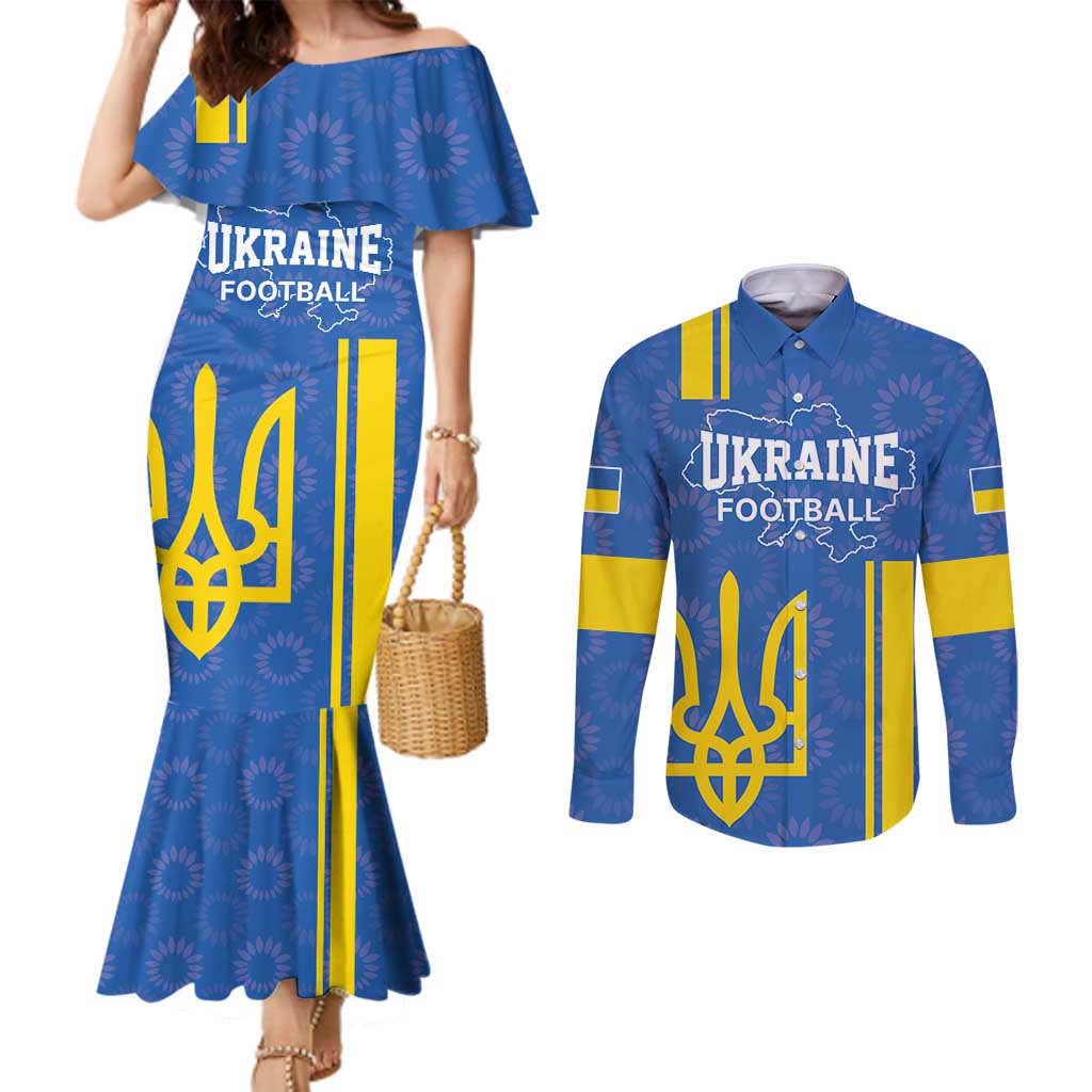 Custom Ukraine Football Couples Matching Mermaid Dress and Long Sleeve Button Shirt Blue Style