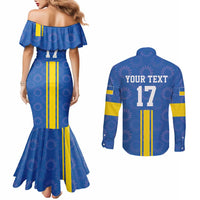Custom Ukraine Football Couples Matching Mermaid Dress and Long Sleeve Button Shirt Blue Style