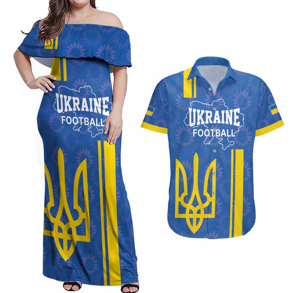 Custom Ukraine Football Couples Matching Off Shoulder Maxi Dress and Hawaiian Shirt Blue Style