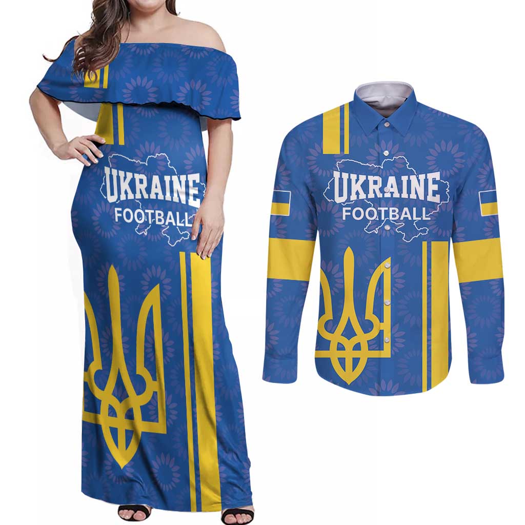 Custom Ukraine Football Couples Matching Off Shoulder Maxi Dress and Long Sleeve Button Shirt Blue Style