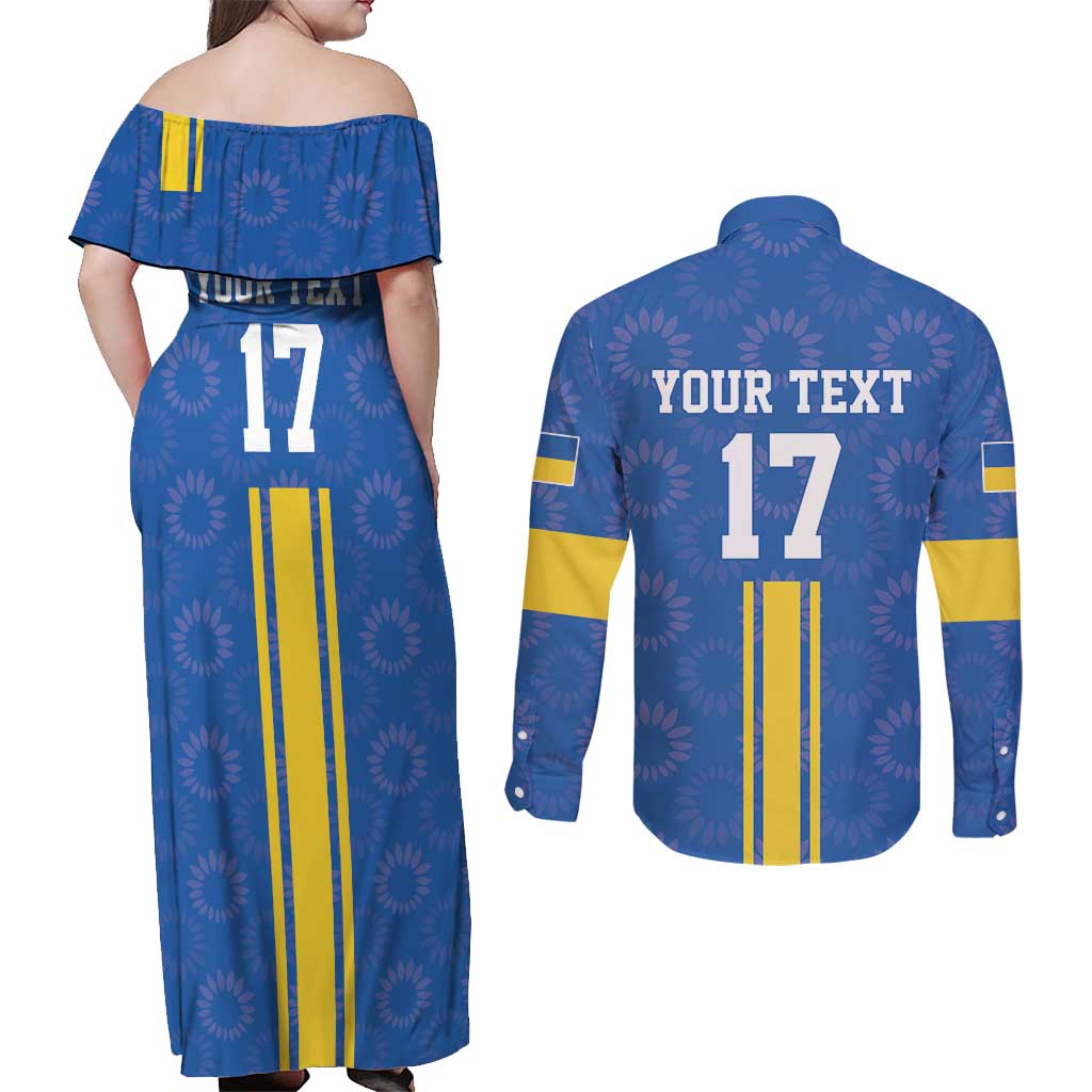 Custom Ukraine Football Couples Matching Off Shoulder Maxi Dress and Long Sleeve Button Shirt Blue Style