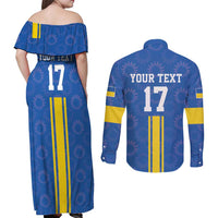 Custom Ukraine Football Couples Matching Off Shoulder Maxi Dress and Long Sleeve Button Shirt Blue Style
