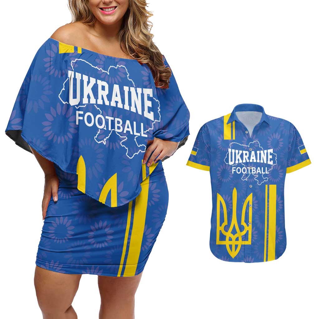 Custom Ukraine Football Couples Matching Off Shoulder Short Dress and Hawaiian Shirt Blue Style