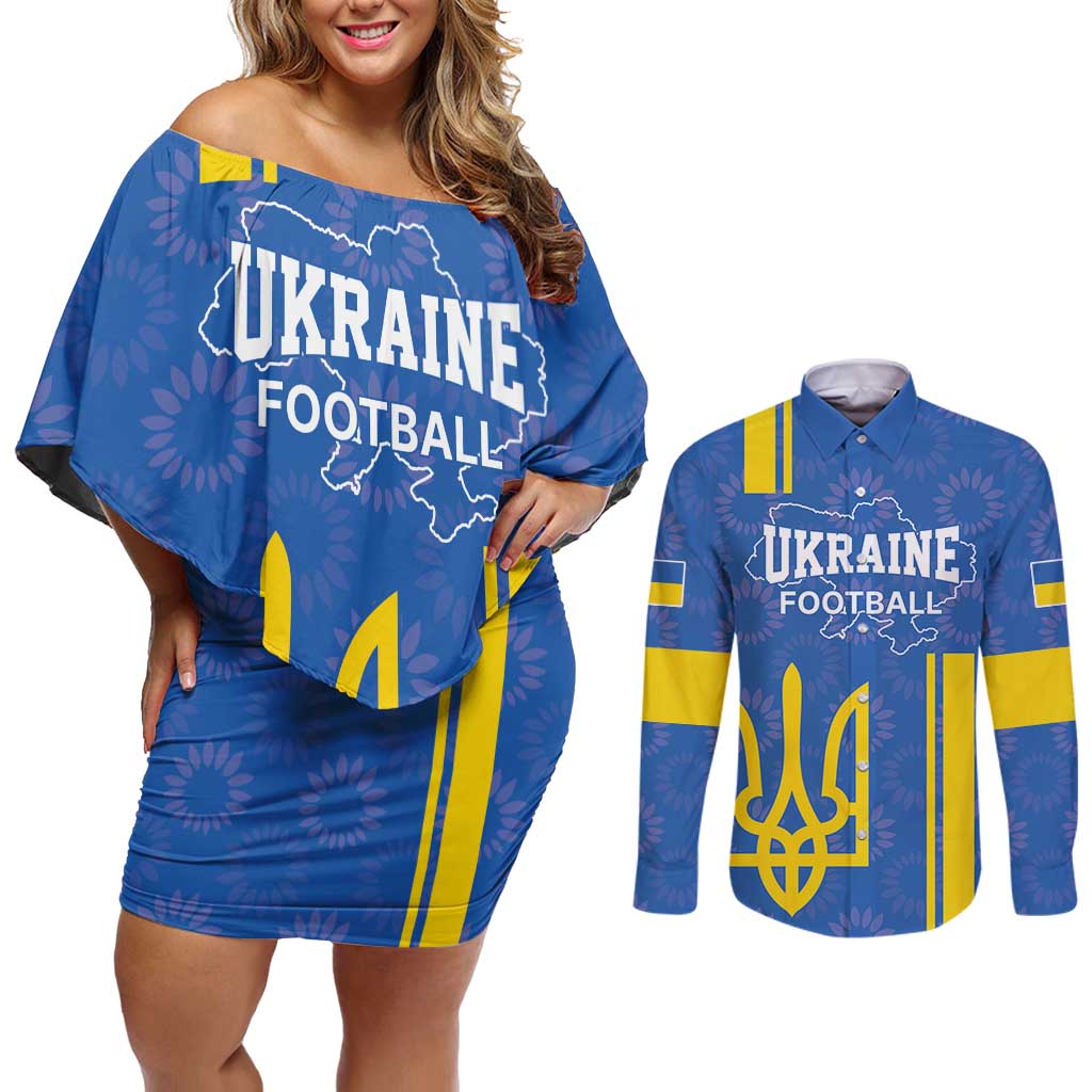 Custom Ukraine Football Couples Matching Off Shoulder Short Dress and Long Sleeve Button Shirt Blue Style