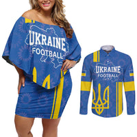 Custom Ukraine Football Couples Matching Off Shoulder Short Dress and Long Sleeve Button Shirt Blue Style