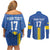 Custom Ukraine Football Couples Matching Off Shoulder Short Dress and Long Sleeve Button Shirt Blue Style