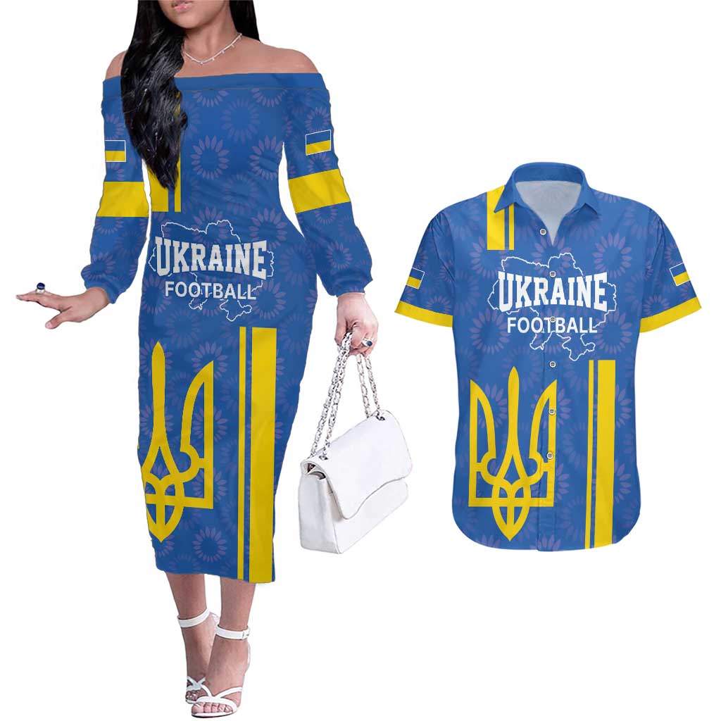 Custom Ukraine Football Couples Matching Off The Shoulder Long Sleeve Dress and Hawaiian Shirt Blue Style