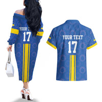 Custom Ukraine Football Couples Matching Off The Shoulder Long Sleeve Dress and Hawaiian Shirt Blue Style