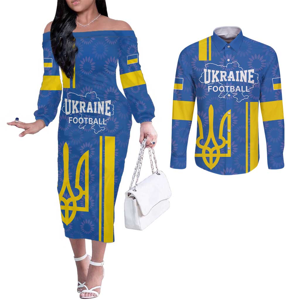 Custom Ukraine Football Couples Matching Off The Shoulder Long Sleeve Dress and Long Sleeve Button Shirt Blue Style