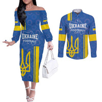 Custom Ukraine Football Couples Matching Off The Shoulder Long Sleeve Dress and Long Sleeve Button Shirt Blue Style