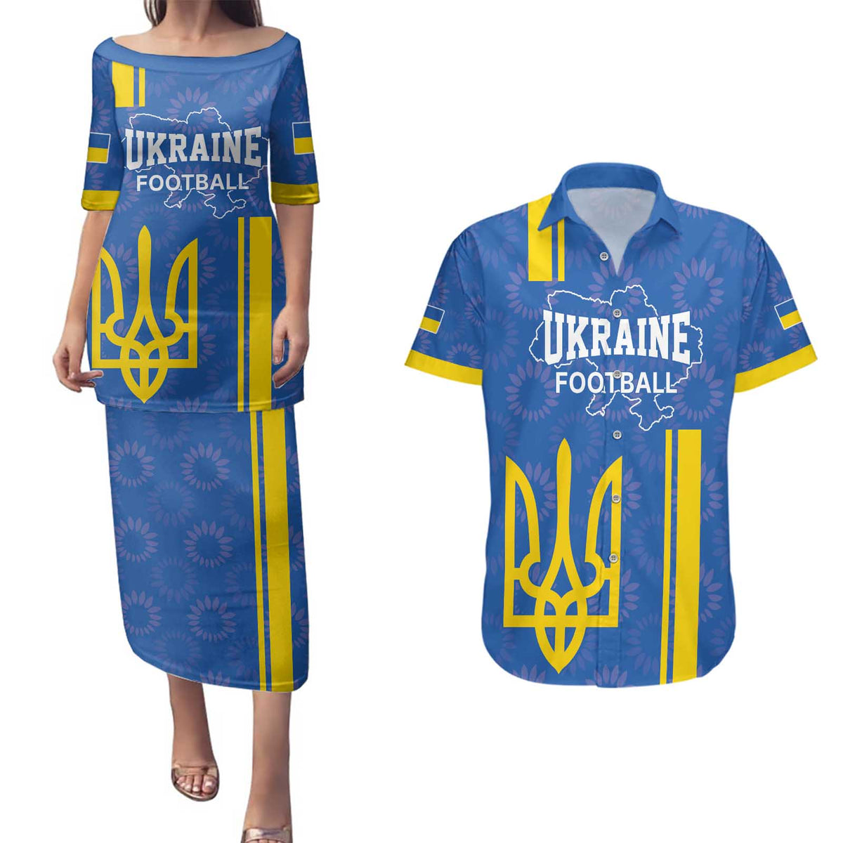 Custom Ukraine Football Couples Matching Puletasi and Hawaiian Shirt Blue Style