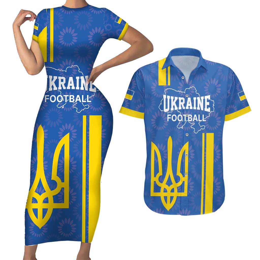 Custom Ukraine Football Couples Matching Short Sleeve Bodycon Dress and Hawaiian Shirt Blue Style
