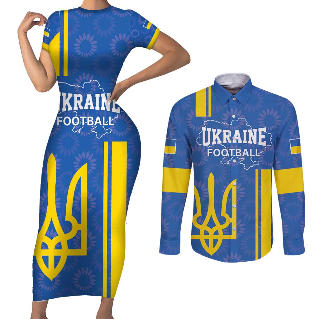 Custom Ukraine Football Couples Matching Short Sleeve Bodycon Dress and Long Sleeve Button Shirt Blue Style