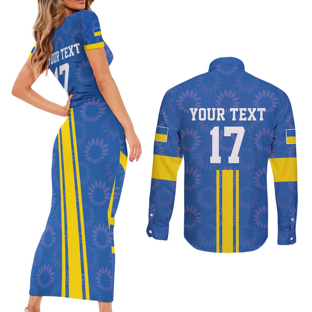 Custom Ukraine Football Couples Matching Short Sleeve Bodycon Dress and Long Sleeve Button Shirt Blue Style