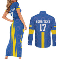 Custom Ukraine Football Couples Matching Short Sleeve Bodycon Dress and Long Sleeve Button Shirt Blue Style