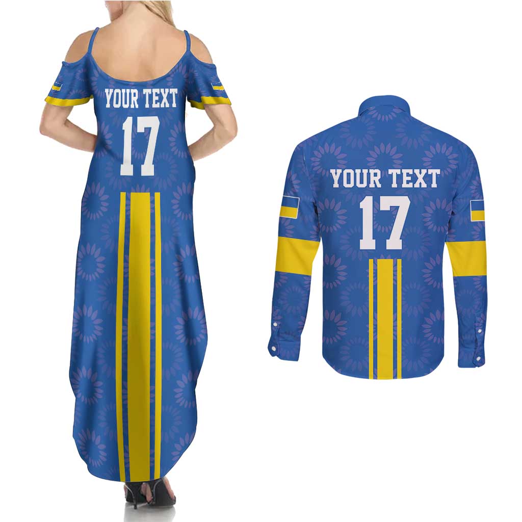 Custom Ukraine Football Couples Matching Summer Maxi Dress and Long Sleeve Button Shirt Blue Style