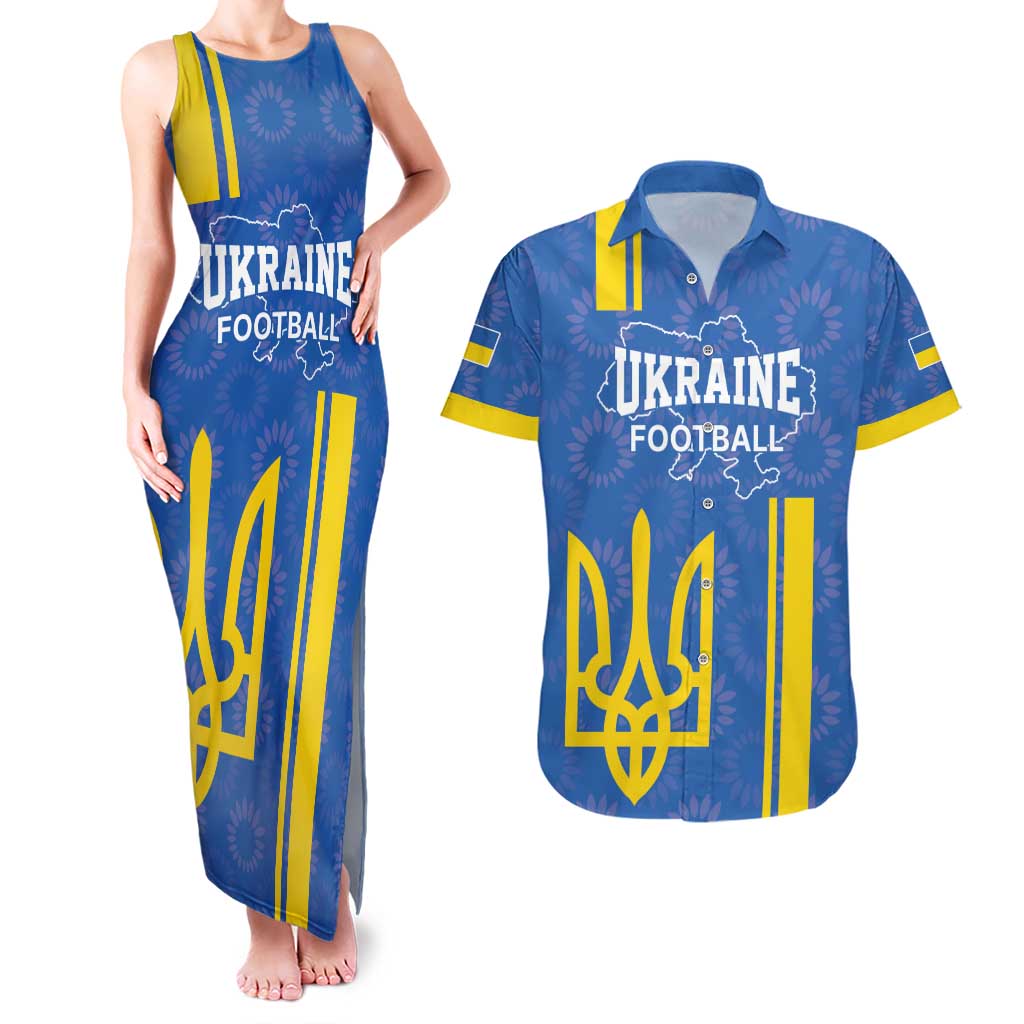 Custom Ukraine Football Couples Matching Tank Maxi Dress and Hawaiian Shirt Blue Style