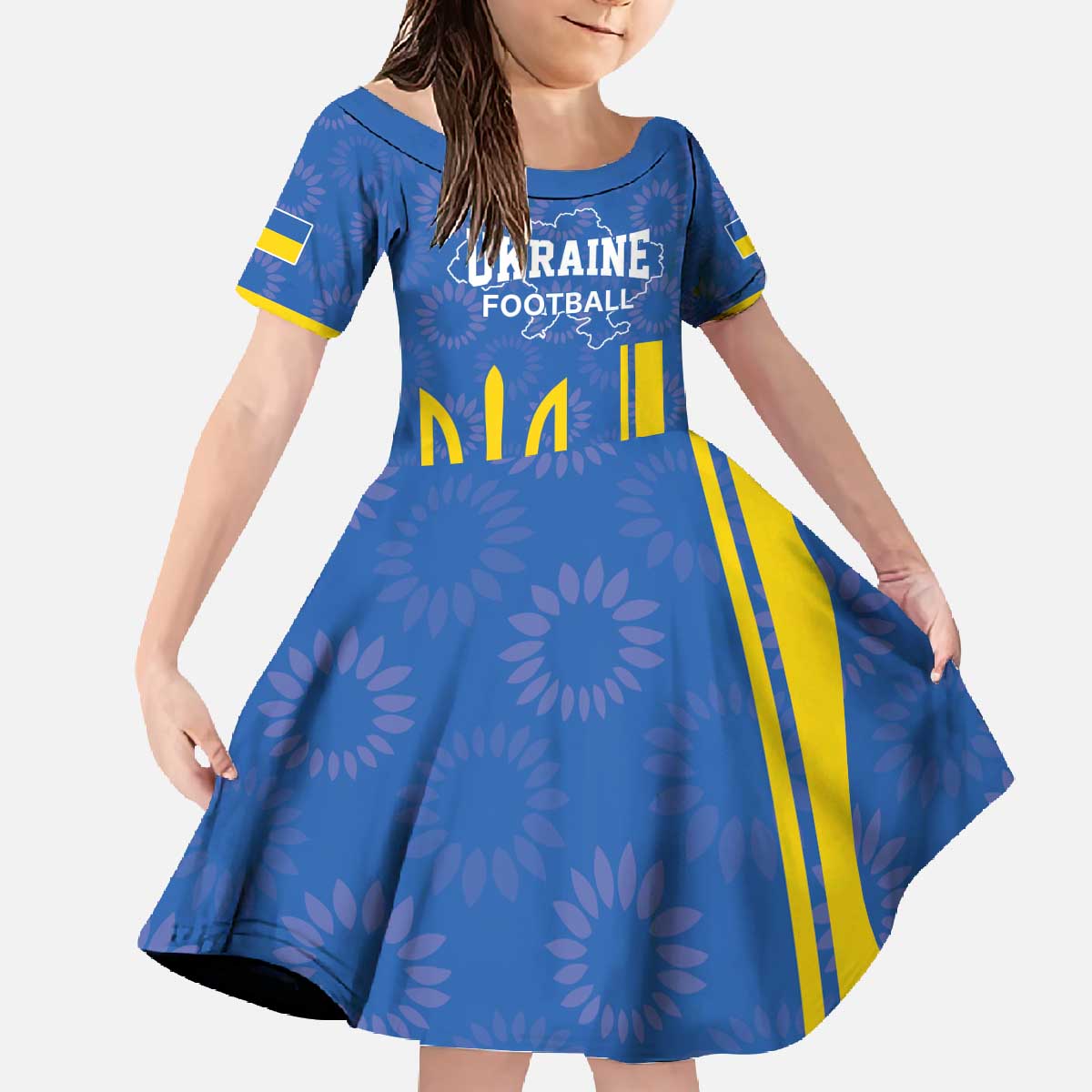 Custom Ukraine Football Family Matching Off The Shoulder Long Sleeve Dress and Hawaiian Shirt Blue Style
