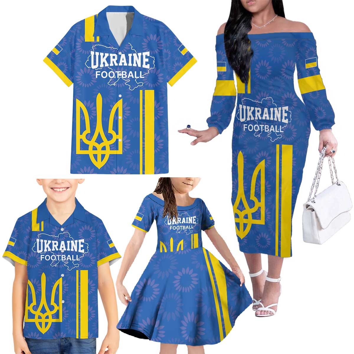 Custom Ukraine Football Family Matching Off The Shoulder Long Sleeve Dress and Hawaiian Shirt Blue Style