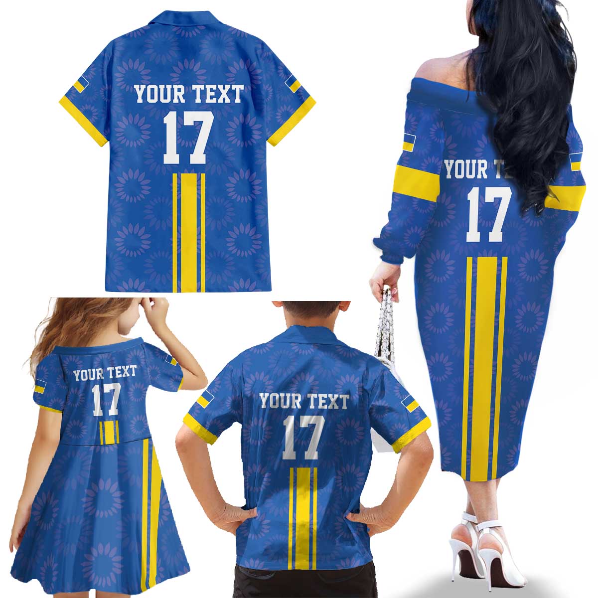 Custom Ukraine Football Family Matching Off The Shoulder Long Sleeve Dress and Hawaiian Shirt Blue Style