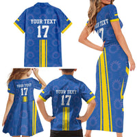 Custom Ukraine Football Family Matching Short Sleeve Bodycon Dress and Hawaiian Shirt Blue Style