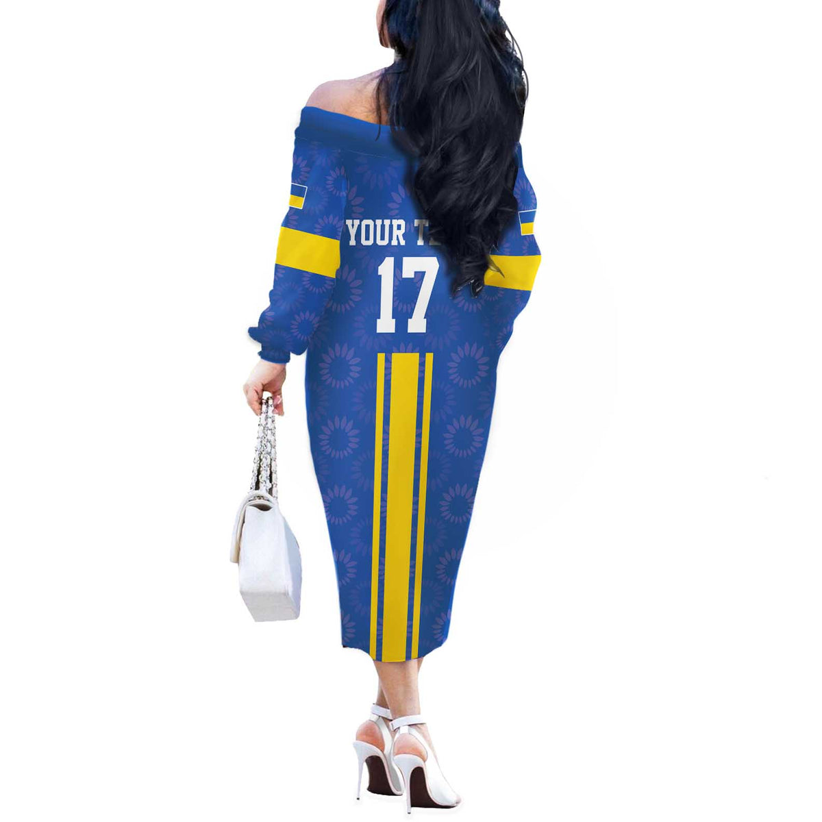 Custom Ukraine Football Off The Shoulder Long Sleeve Dress Blue Style