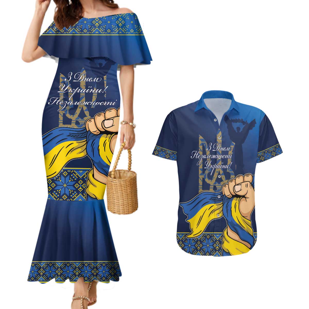 Personalized Ukraine Independence Day Couples Matching Mermaid Dress and Hawaiian Shirt Monument Nezalezhnosti