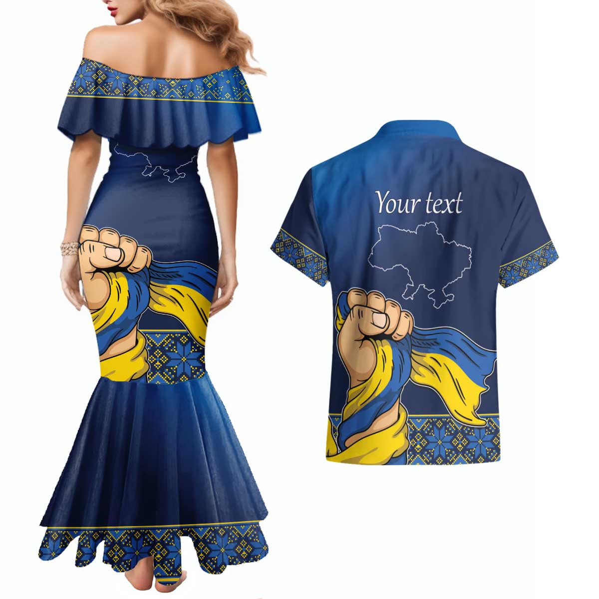 Personalized Ukraine Independence Day Couples Matching Mermaid Dress and Hawaiian Shirt Monument Nezalezhnosti