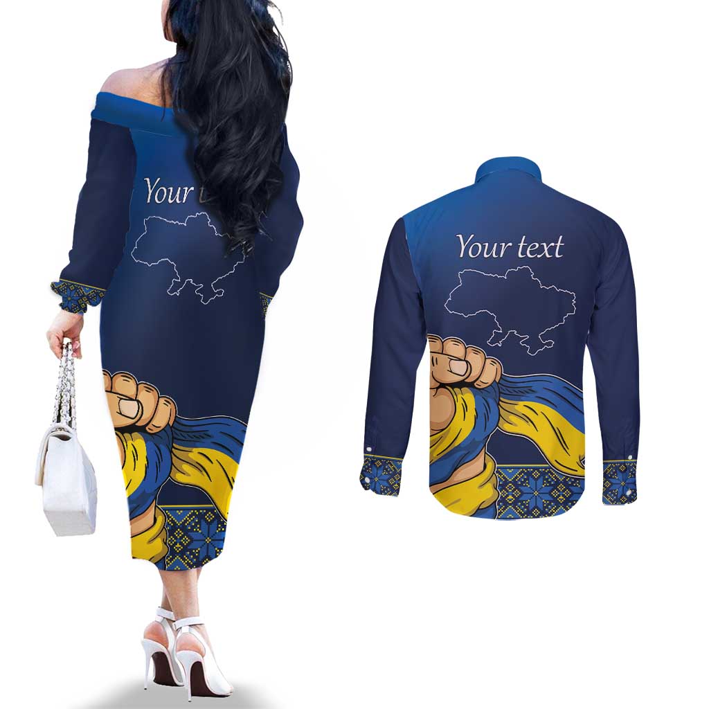 Personalized Ukraine Independence Day Couples Matching Off The Shoulder Long Sleeve Dress and Long Sleeve Button Shirt Monument Nezalezhnosti