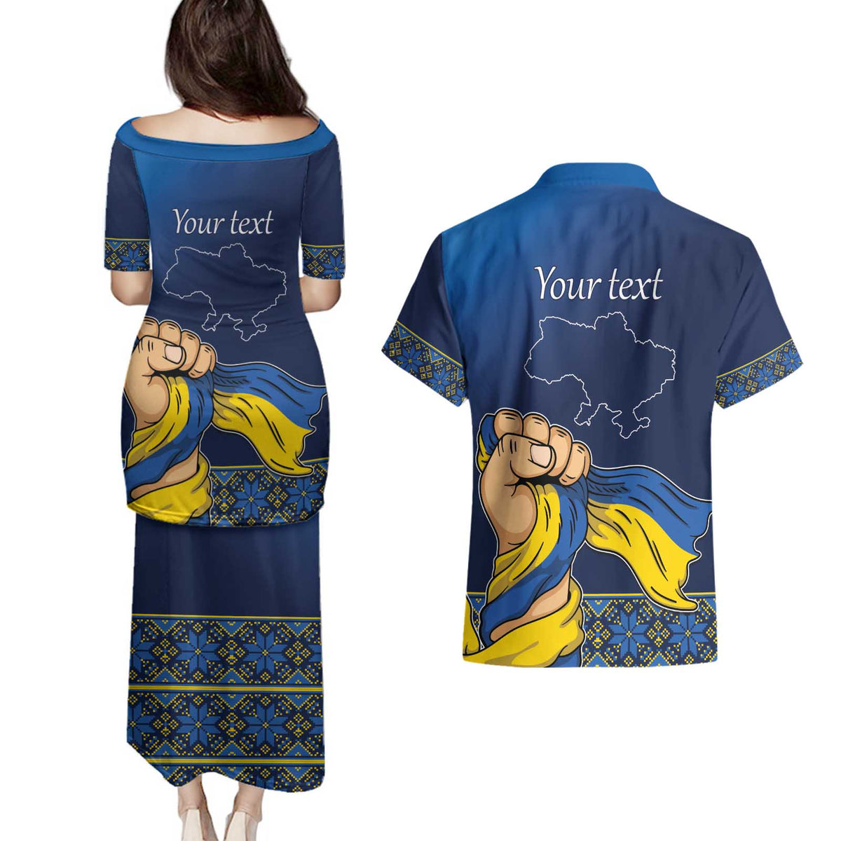 Personalized Ukraine Independence Day Couples Matching Puletasi and Hawaiian Shirt Monument Nezalezhnosti