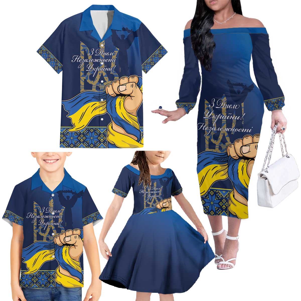 Personalized Ukraine Independence Day Family Matching Off The Shoulder Long Sleeve Dress and Hawaiian Shirt Monument Nezalezhnosti