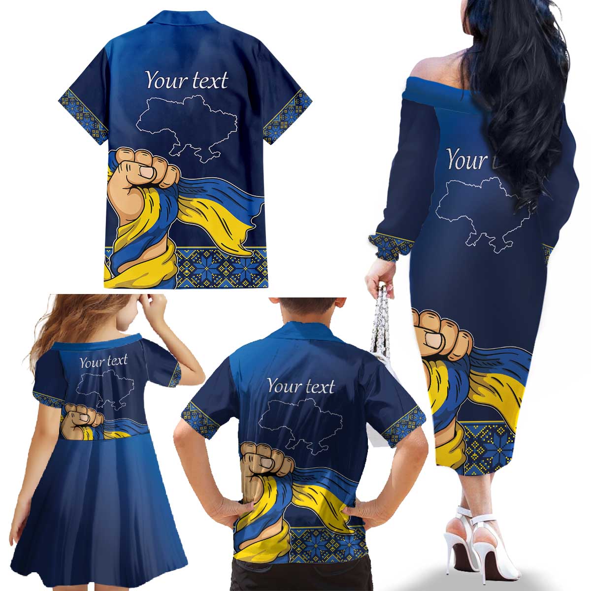 Personalized Ukraine Independence Day Family Matching Off The Shoulder Long Sleeve Dress and Hawaiian Shirt Monument Nezalezhnosti
