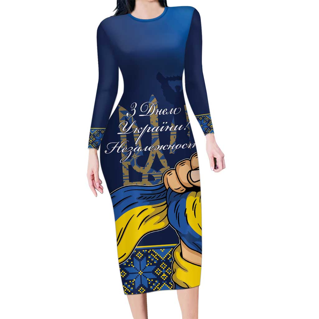Personalized Ukraine Independence Day Long Sleeve Bodycon Dress Monument Nezalezhnosti