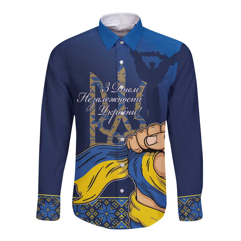 Personalized Ukraine Independence Day Long Sleeve Button Shirt Monument Nezalezhnosti
