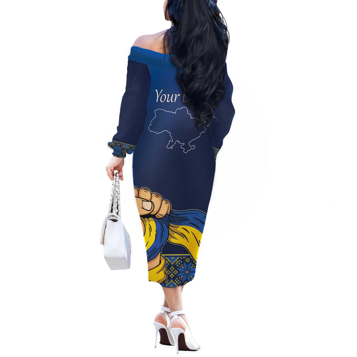 Personalized Ukraine Independence Day Off The Shoulder Long Sleeve Dress Monument Nezalezhnosti